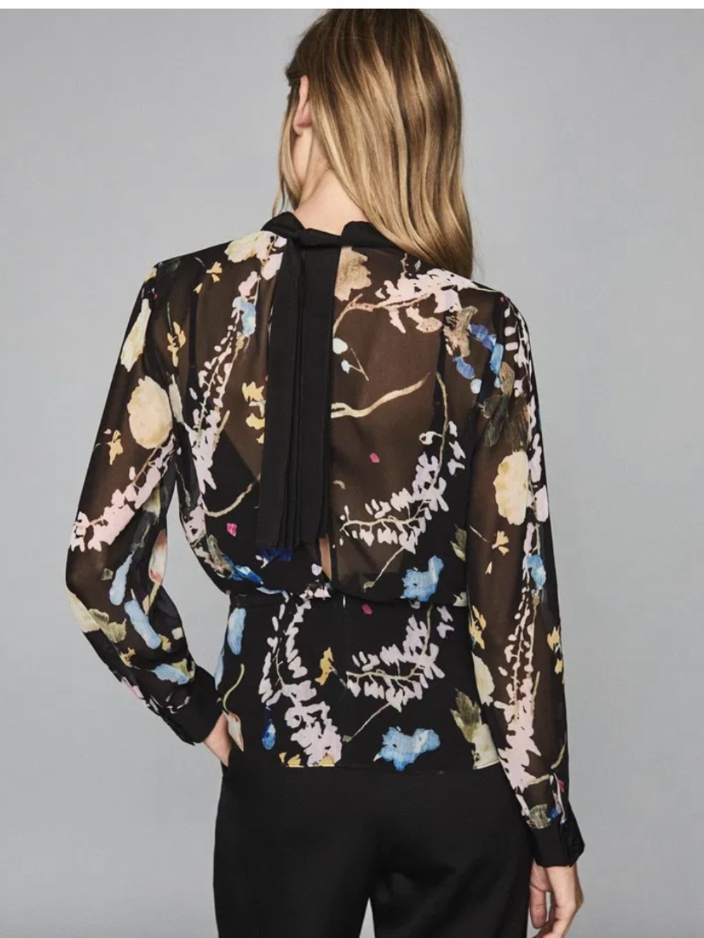 Reiss Black Floral Pleated Long-Sleeve Blouse with Multicolor Print - Picture 2 of 7